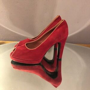 New SERGIO ROSSI 50s retro look Red Suede pip-toe heels shoes pumps sz 38.5 7.5